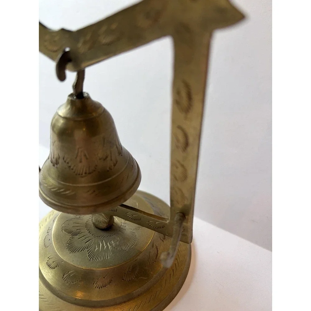 Vintage Brass Bell Tree 3 Etched Bells Stand Striker India Meditation Boho